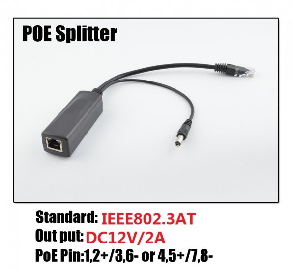 (image for) PoE Splitter 48V PoE to 12V 2A DC for Non-PoE IP Camera - Click Image to Close