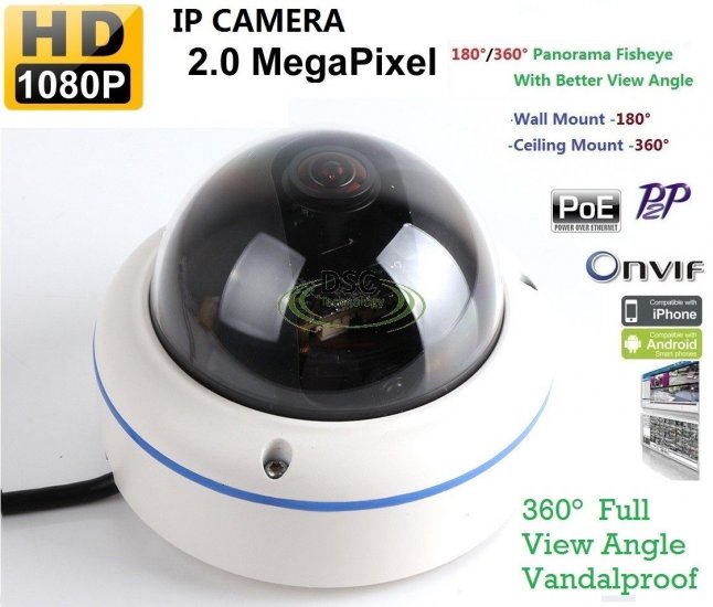 (image for) 2MP In/Outdoor fisheye Panoramic Security Dome camera PoE Onvif - Click Image to Close