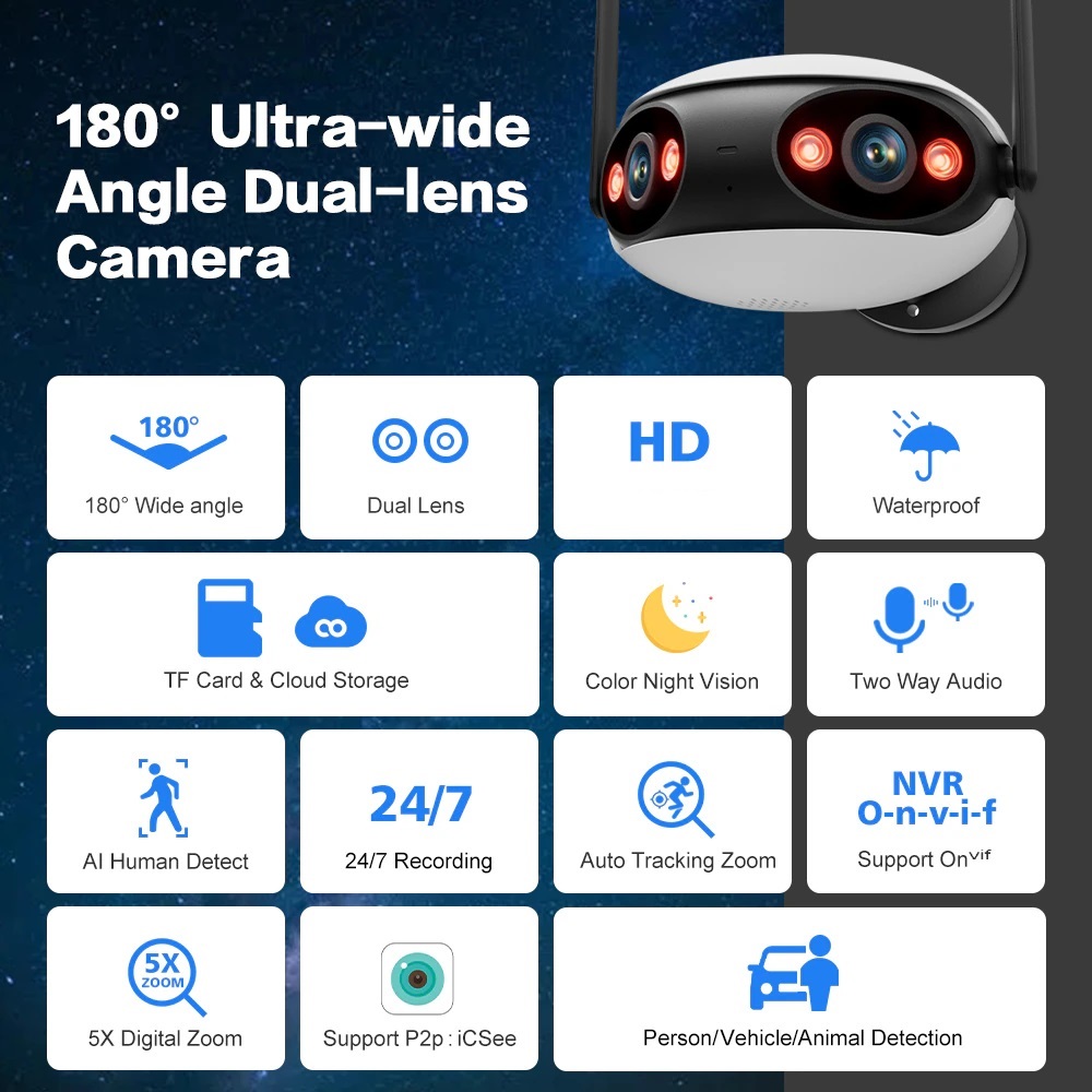 (image for) Wifi/PoE Panoramic 8MP 180° Dual Lens Full Color IR IP Camera Bullet iCSee/XMEYE