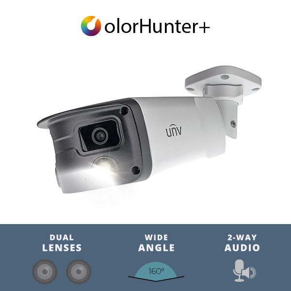 (image for) UNV 4MP Wide Angle Weatherproof 24/7 ColorHunter Bullet IP Security Camera with 2 x 4.0mm Fixed Lenses and 2-Way Audio (IPC2K24SE-ADF40KMC-WL-I0)