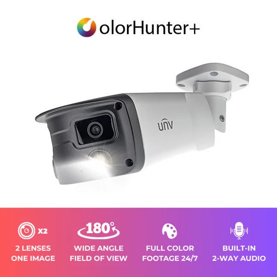 (image for) UNV 8MP 4K UltraHD Wide Angle Weatherproof 24/7 ColorHunter Bullet IP Security Camera with 2 x 4.0mm Fixed Lenses and 2-Way Audio (IPC2K28SE-ADF40KMC-WL-I0)