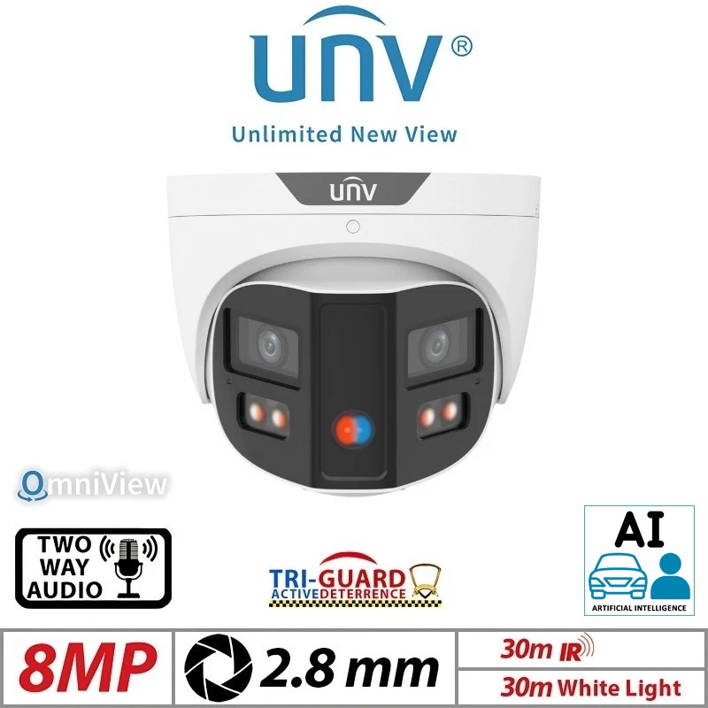 (image for) IPC3K28SE-ADF28KMC-DL-I0 Uniview 8MP Colorhunter Dual Lens IP Turret Dome Camera, 180 Degree, NDAA