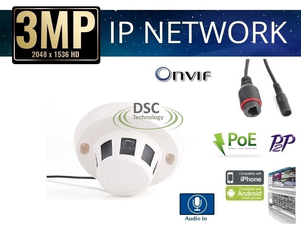 3MP Indoor Security Smoke Detector Style IP Camera PoE Audio - Click Image to Close