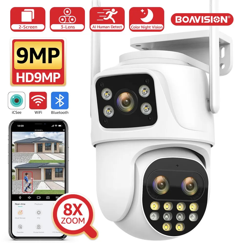 (image for) Wifi Surveillance Camera Outdoor PTZ 9MP Three lens 8X Digital Zoom AI Auto Tracking Humanoid Detection 8MP Security Camera