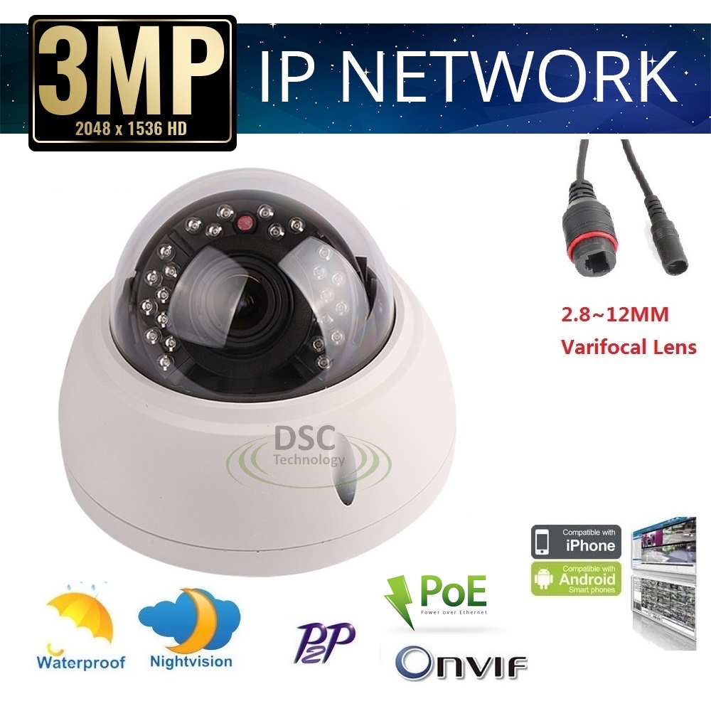 3MP Vandalproof Security IP Camera Dome 2.8-12mm PoE Onvif