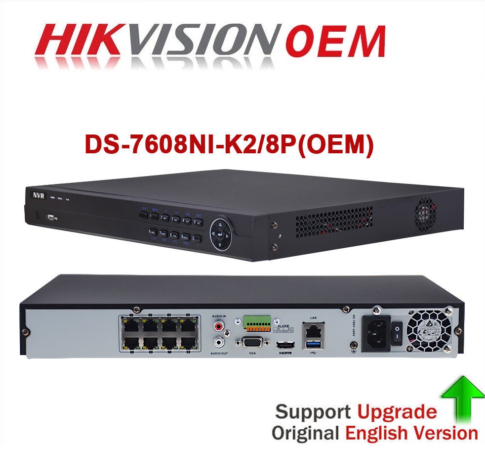 HikVision OEM POE 8 Ch 4K NVR 8MP Recording Resolution 4K HDMI Output H.265 Embedded Plug and Play Network Video Recorder Model DS-7608NI-K2/8P 1TB HDD 