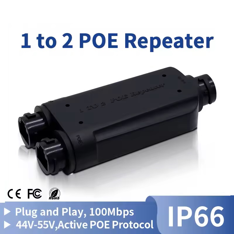 (image for) 2 Port Waterproof POE Repeater IP66 10/100Mbps 1 to 2 PoE Extender