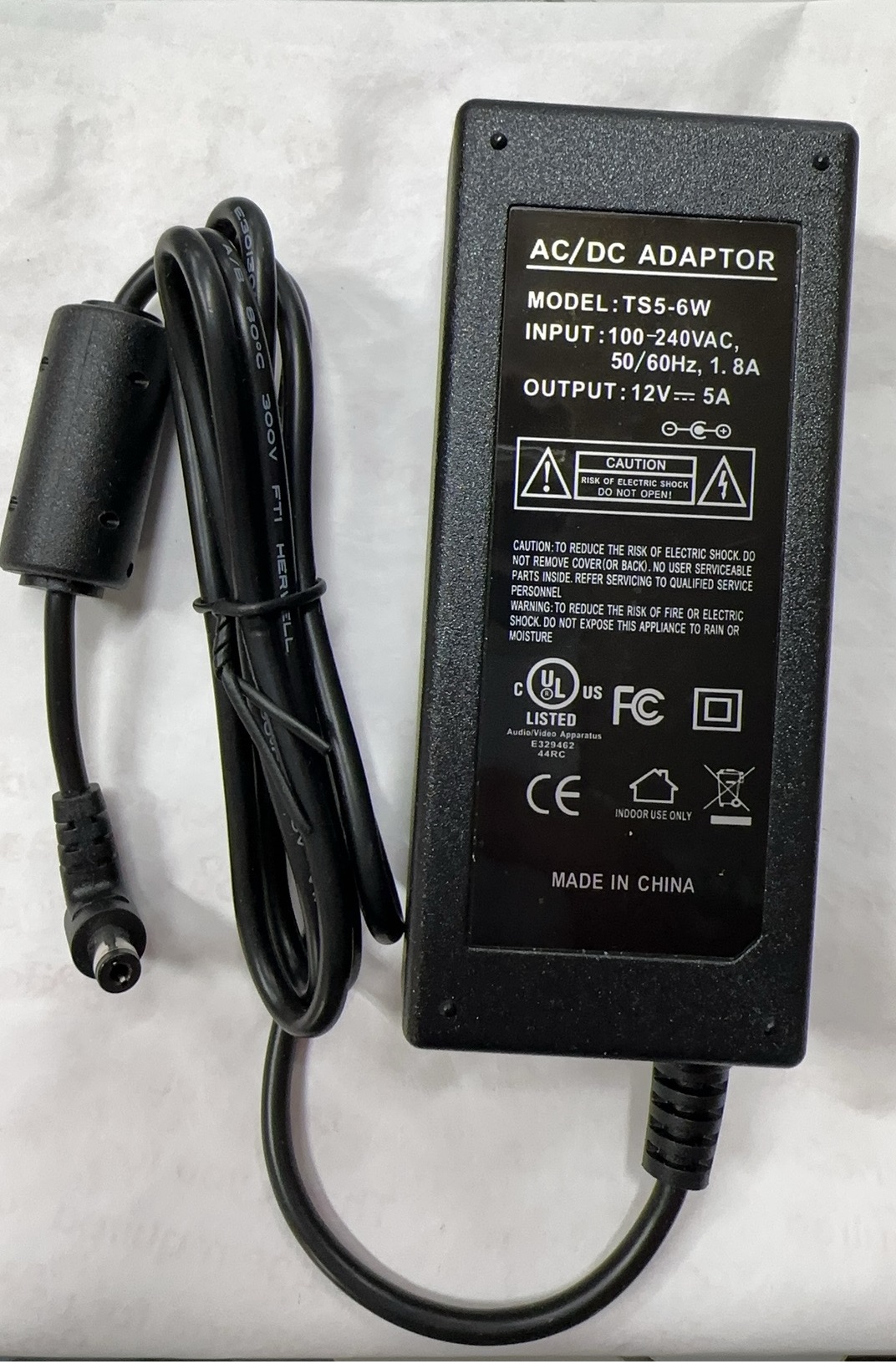 (image for) Regulated Power Adapter 12V, 5A, 5000mA 2.1 * 5.5mm Plug Size, 100-240VAC UL Listed