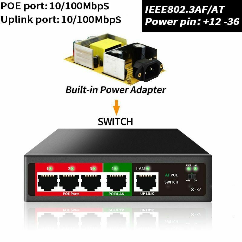 AI 4 Port PoE Switch ,802.3af/at PoE+ 100Mbps Extend to 250Meter