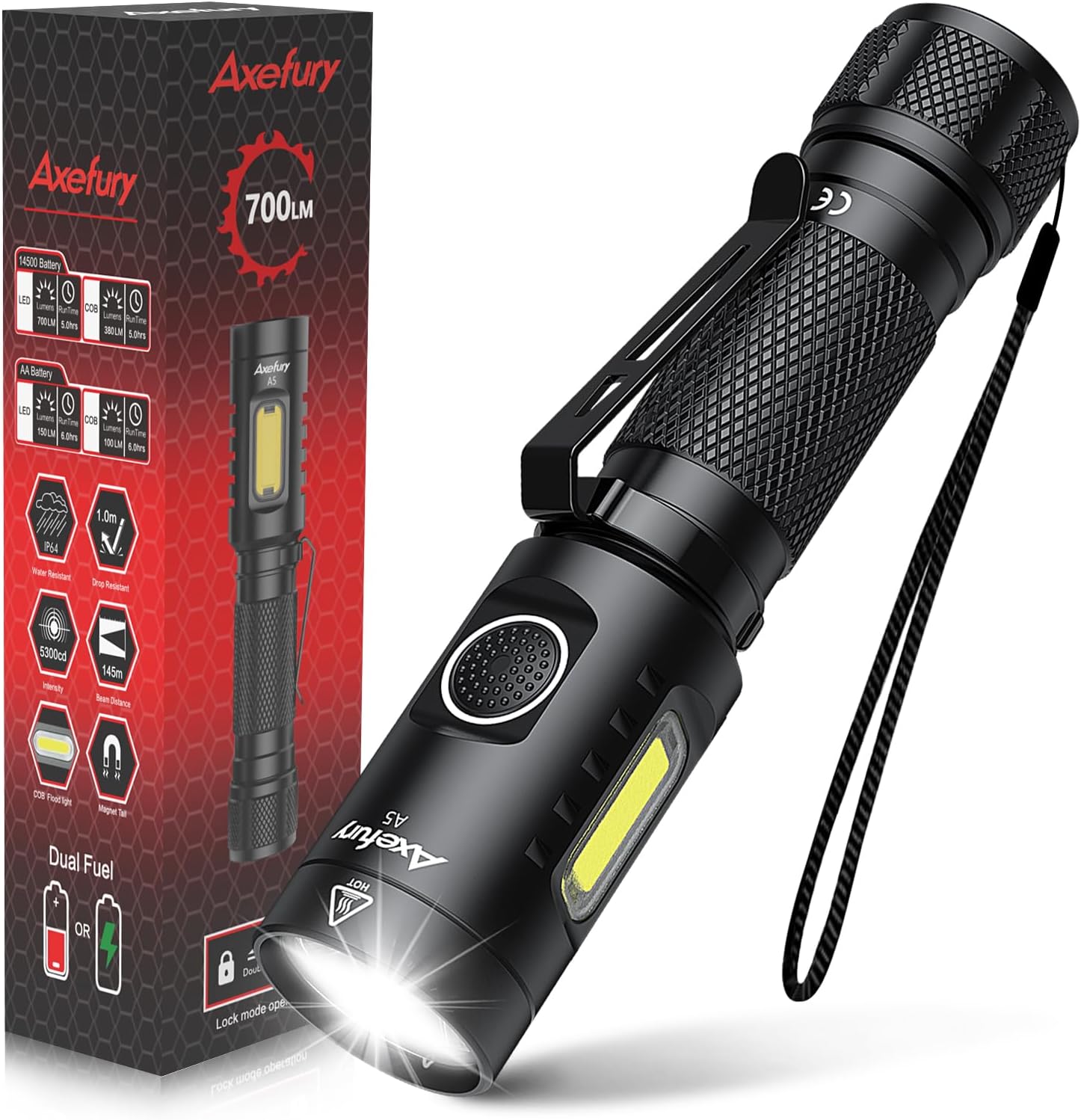 (image for) Axefury A5 Magnetic LED Flashlight, Tactical Flashlight,Cob worklight, 6 Modes