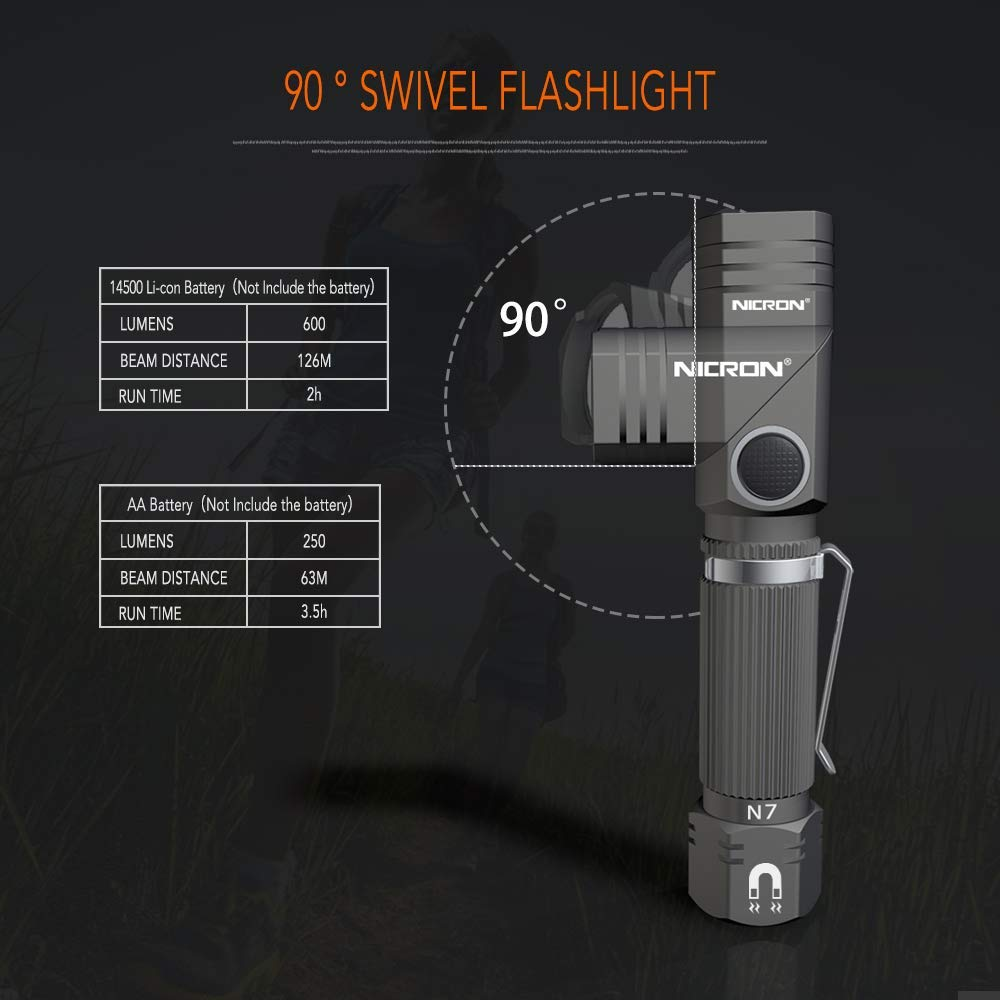 (image for) Mini 90 Degree NICRON N7 600 Lumens Tactical Waterproof Led 4 Modes Flashlight